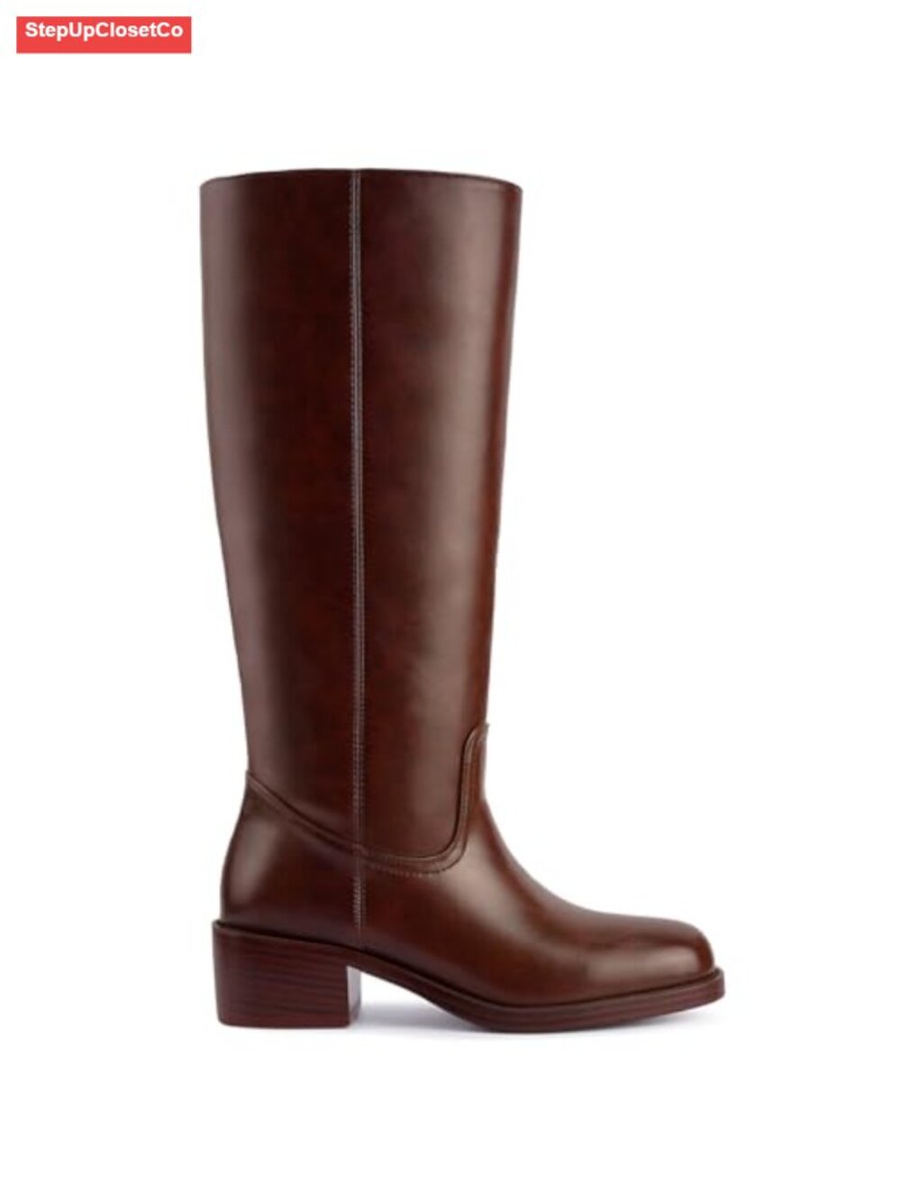 Faux Leather Knee High Boots Square Toe Chunky Block Heel Pull On